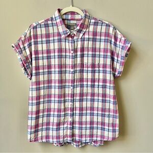 Falls‎ Creek Top Women Medium Plaid Pink Blue Cotton Preppy Relaxed Camp Cottage